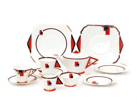 'Orange Block' a Shelley Pottery Vogue bachelor tea set designed by Eric Slater, pattern no.11792, printed and painted with b