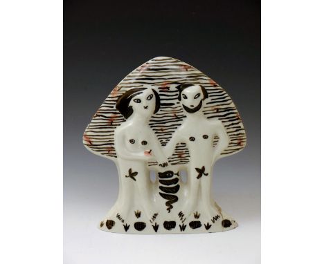 Adam and Eve a rare Richard Parkinson Pottery figure designed by Susan Parkinson,  modelled standing before a stylised tree, 