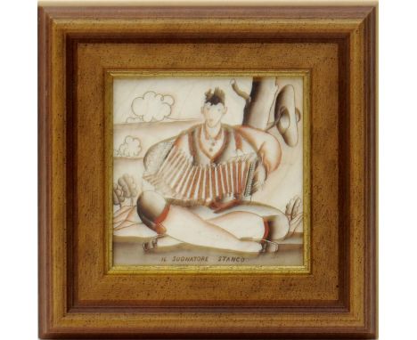 Il Suonatore (The Tired Player) a Richard Ginori tile designed by Gio Ponti, painted with a seated accordion player,  in shad