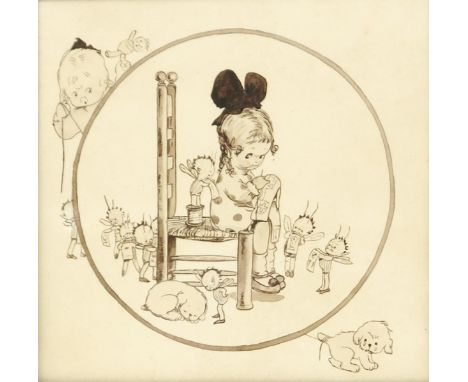 A pen and ink sketch in the manner of Mabel Lucie Attwell, framed, unsigned 31 x 31cm.