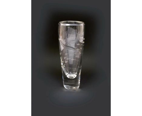 A rare Whitefriars cut glass vase by Geoffrey Baxter, the flaring cylindrical vase cut witha shoal of fish, the reverse with 