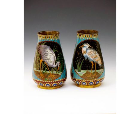 A pair of Elkington cloisonne enamel vases by Albert Auguste Adolphe Wilms, model no.312, tapering cylindrical from, enamelle