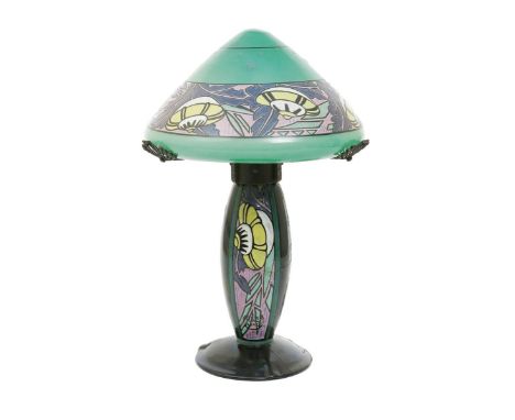 A De Latte enamelled glass table lamp and shade, enamelled in colours with panels fo stylised flowers and foliage signed A De