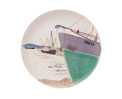 Freya a Poole Pottery contemporary wall plaque designed by Ann Read , pattern VZ, painted in colours on a white ground with a