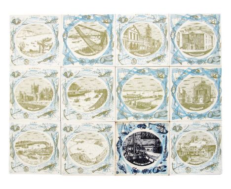 A set of Poole Pottery Dorset Views tiles designed by Bernard Charles, each printed in blue and green, comprising Lulworth, C