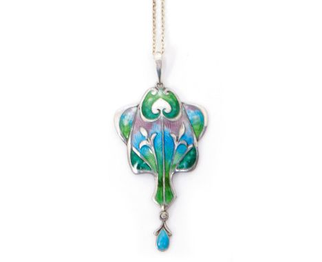 An Art Nouveau silver and enamel pendant necklace,  stylised foliate form with drop, enamelled in shades of blue, purple and 