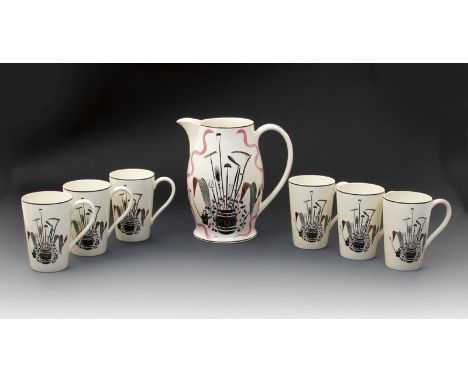 Garden Implements a Wedgwood lemonade set for six designed by Eric Ravilious, printed with vignette of garden tools and scene