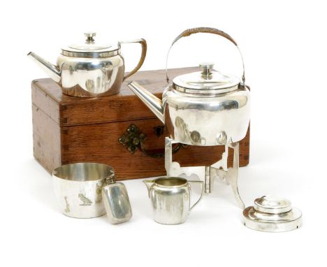 A  Hukin & Heath electroplated Picnic tea set designed by Dr Christopher Dresser, model no.2109, comprising; teapot and cover