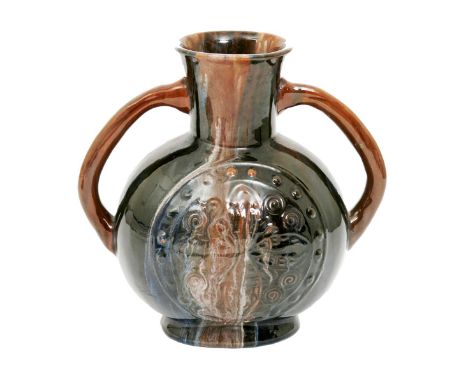 A Linthorpe Pottery vase designed by Dr Christopher Dresser, ovoid with twin-handles, cast in low relief with geometric flowe