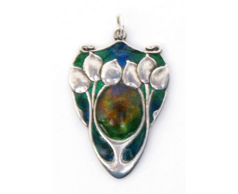 A Liberty & Co silver and enamel pendant designed by Archibald Knox, cast in low relief with stylised honesty seedheads, enam