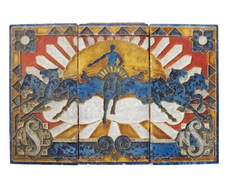 A Dutch three tile panel, modelled in low relief with a mythical charioteer riding in the sky before a sun, in colours, the c