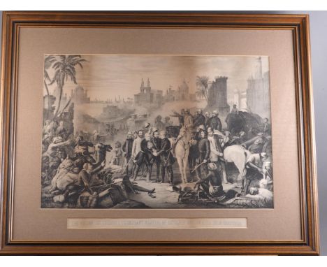A 19th century lithograph, "The Relief of Lucknow...", in grained as walnut frame Condition: Size of the print 17" x 24"