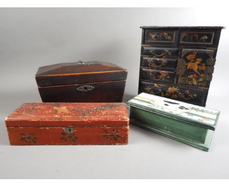 A 19th century tea caddy, 11 1/2" wide (no interior), a Japanese lacquered box, a pig decorated box and a lacquered cabinet 