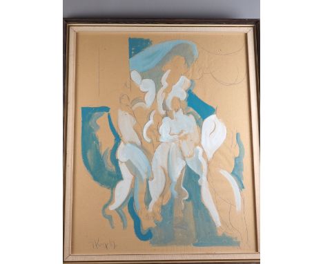 Geoffrey Key, Aug 1967: bodycolours and pencil, "Hill with figures, 24" x 19 1/4", in linen lined frame 