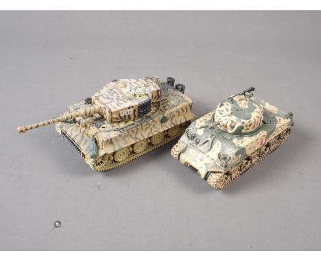 Two Corgi WWII scale model tanks, M4-A3 Sherman tank, a Tiger 1 SS Panzer Abt101, and an Airfix 1:350 scale model, HMS Illust