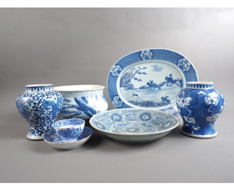 A Chinese blue and white jardiniere with figures in a landscape, 9 1/2" dia x 5 1/2" high, a similar dish, 10 3/4" dia, and o