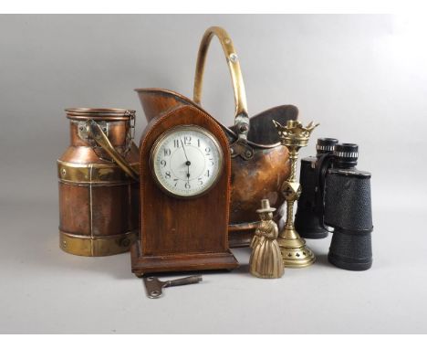 A brass Gothic style candlestick, 8 1/4" high, a French copper and brass coopered canister, 8 3/4" high, an Edwardian arch to