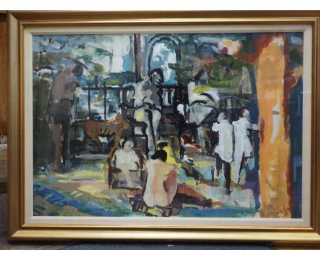 Laszio Lukas: oil on paper, figures in a landscape, 27 1/2" x 39 1/2", in linen lined gilt frame 