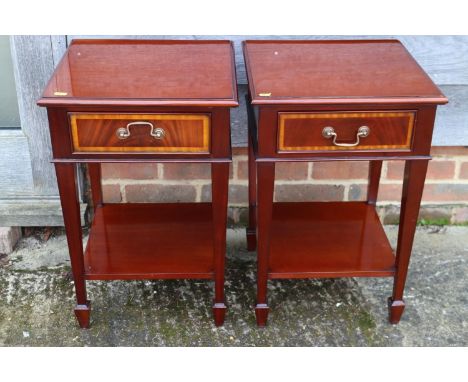 A pair of mahogany two-tier lamp tables, fitted drawers, on square taper supports, 16" square x 24" high 