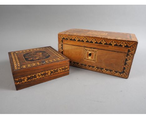 A Tunbridgeware hinged box with floral decoration and a marquetry decorated two-division tea caddy 