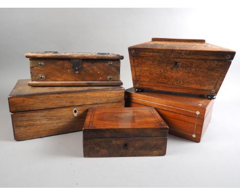 A 19th century rosewood workbox, 12" wide, a 19th century rosewood tea caddy (no interior), a mother-of-pearl inlaid box, a b