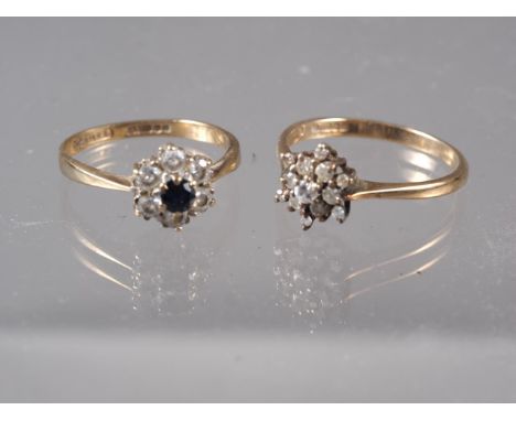 A 9ct gold and diamond snowflake ring, size O, 2g, and a 9ct gold, sapphire and CZ ring, size M/N, 2g 