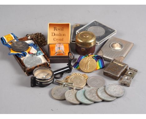 WWI and WWII medals, including a Defence medal, commemorative crowns, compass, a Swan Vesta case and other miscellaneous item