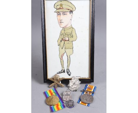 Two WWI medals, awarded to Private T B Todd, together with two regimental cap badges and watercolour portrait cartoon 