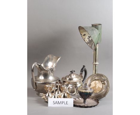 A student's silver plated lamp, a plated egg cruet, an electroplated teapot and other plate 