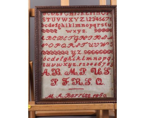 A 19th century red wool alphabet sampler, by M A Barrett 1850, 11 1/2" x 9 1/2", in oak frame 