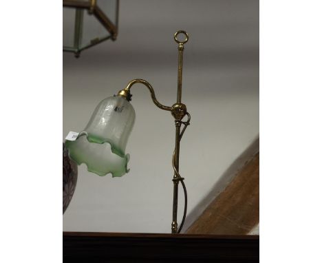 A brass table lamp with green etched shade, 21" high 