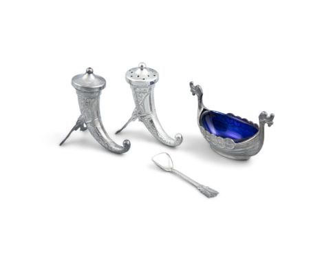 A PAIR OF NOVELTY SILVER CONDIMENTS, stamped 'Sterling' Norway', cast in the form of Viking horns and a salt cellar in the fo