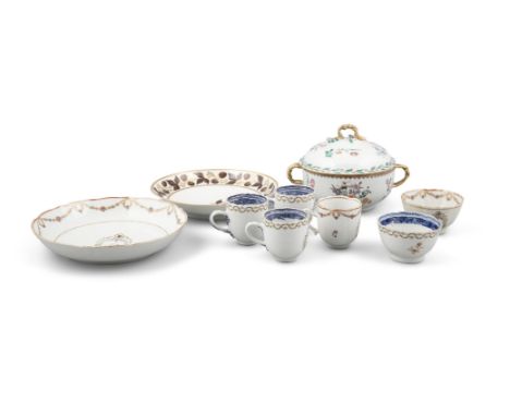 A CHINESE FAMILLE ROSE TWO-HANDLE BOWL AND COVER, C.1800, with gilded rope twist handles, decorated all over with floral spra