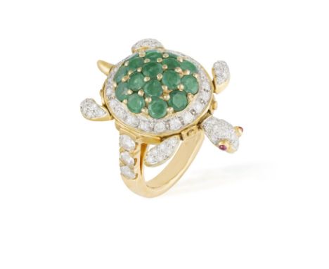 AN EMERALD AND DIAMOND COCKTAIL RING, modelled as a turtle, the shell set with circular-cut emeralds within a brilliant-cut d