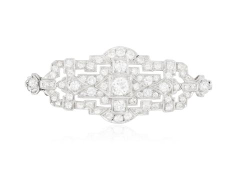 AN ART DECO DIAMOND BROOCH, CIRCA 1930, the openwork plaque set with European and single-cut diamonds, with millegrain detail
