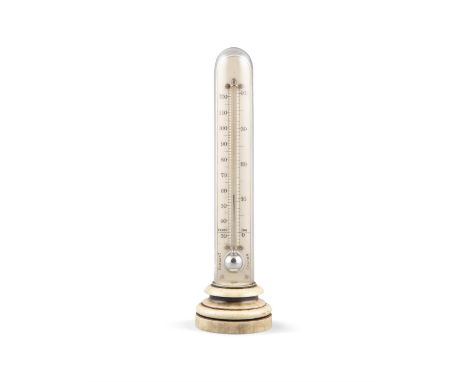 A DESK THERMOMETER, under a tall glass dome, on an ivory stepped base. 21.5cm high** Please note that this lot contains ivory