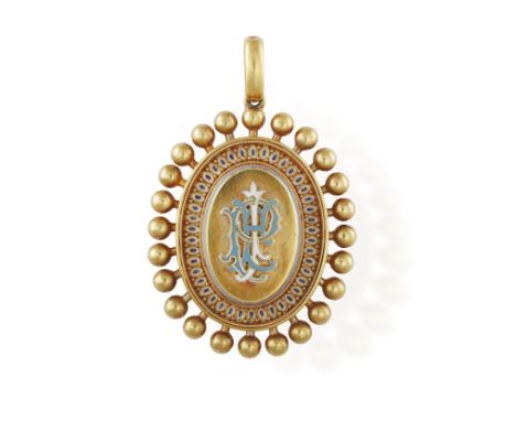A VICTORIAN ENAMEL LOCKET PENDANT, CIRCA 1870, the central gold plaque with applied blue and white enamel initials within fur
