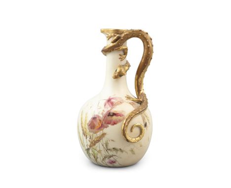 A LARGE ROYAL WORCESTER 'BLUSH IVORY' EWER, c.1890, of globular form, the cylindrical neck applied with gilt serpent, factor 