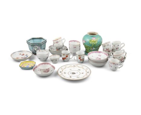 A SET OF SIX CHINESE EXPORT 'PUCE' TEA BOWLS AND SAUCER DISHES, 18TH CENTURY;together with a canton enamel jardinière pot, 12