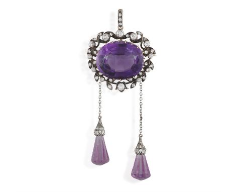 A LATE 19TH CENTURY AMETHYST AND DIAMOND PENDANT/BROOCH, set with an oval-shaped amethyst at the centre, within an openwork f