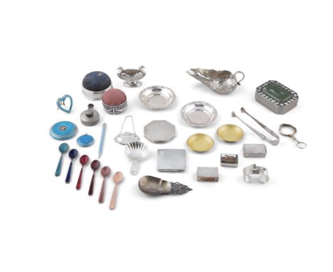 A COLLECTION OF SILVER AND COLOURED ENAMEL ITEMS, including a small equestrian pill box, London (modern), struck with makers 