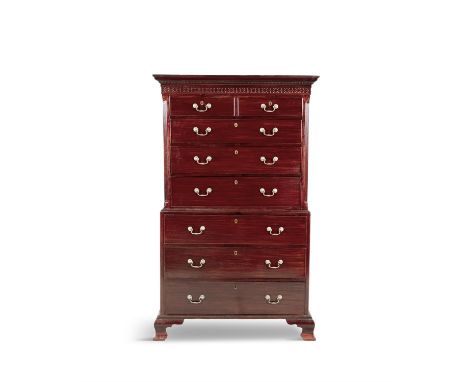 A 19TH CENTURY MAHOGANY CHEST ON CHEST, with moulded dentil cornice and above a band of blind fretwork, above an arrangement 
