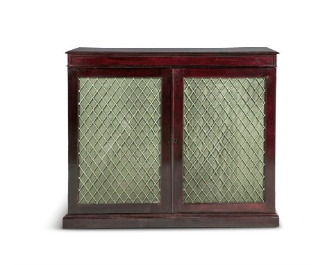 A LATE GEORGIAN TWO DOOR MAHOGANY SIDE CABINET, c.1830, of plain rectangular form, the doors each fitted with brass grill pan