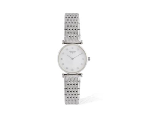 A LADY'S STAINLESS STEEL, MOTHER-OF-PEARL AND DIAMOND BRACELET WATCH, BY LONGINES, 'La Grande Classique' quartz model, the ci