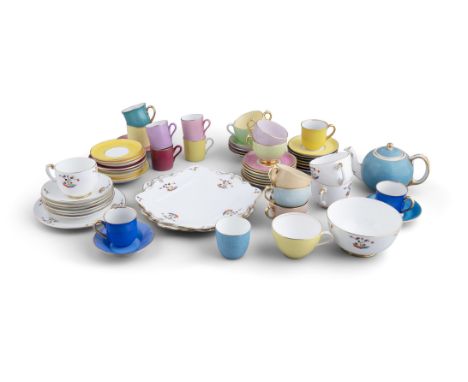 A PARAGON PORCELAIN PART TEA-SERVICE, C.1930, and a collection of multi-coloured tea cups and saucer dishes.