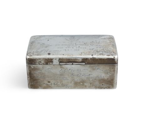 A WW1 SILVER PRESENTATION BOX, Birmingham c.1912, mark of A &amp; J Zimmerman Ltd , engraved with crest and motto above 'A.D.