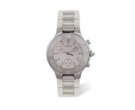A STAINLESS STEEL CHRONOGRAPH STRAP WRISTWATCH WITH DATE, BY CARTIER, 21 Model, white dial with logo double "C's" pattern and