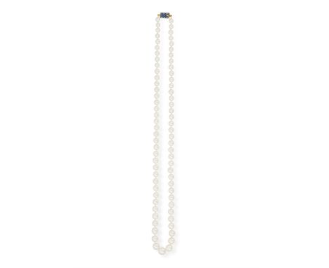 A CULTURED PEARL DIAMOND WITH ENAMEL CLASP, composed of a single row of graduated cultured pearls measuring approximately 8.5