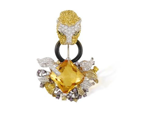 A GEM-SET AND DIAMOND 'PANTHER' PENDANT/BROOCH, the surmount modelled as a panther's head pavé-set with circular-cut yellow s