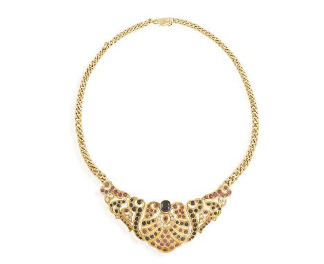 A SAPPHIRE, RUBY AND DIAMOND NECKLACE, the openwork frontispiece set with circular-cut rubies, sapphires and brilliant-cut di
